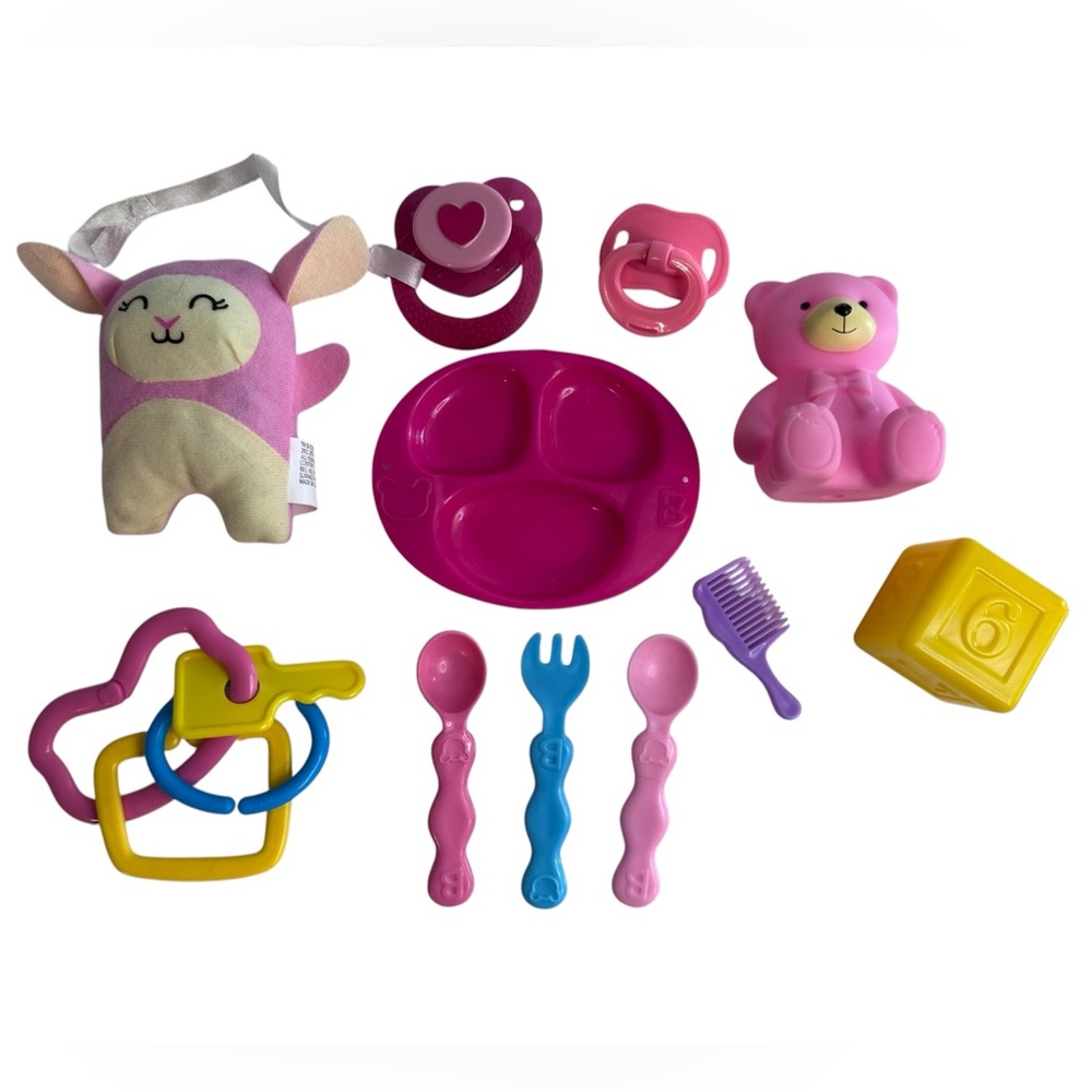 11-Piece baby doll accessory bundle with utensils, toys, pacifiers & food plate